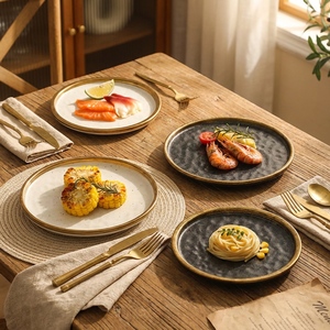 Gold-plated <b>Ceramic</b> Round Flat <b>Plate</b> Microwave Safe Minimalist Japanese Style Dinnerware for Household & Commercial Use - Product Image 1