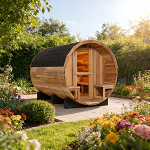Sauna extérieur en forme de baril pour 4 à 6 personnes avec véranda, sauna à vapeur en cèdre rouge avec chauffage de 6 kW, toit en asphalte noir, porte en verre trempé - Product Image 1