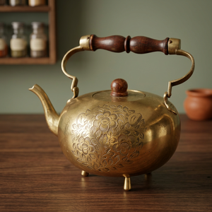 Bouilloire à thé vintage en laiton avec poignée en bois et motif floral gravé - Product Image 5