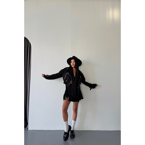 Black <b>Suede</b> Crop Jacket 3 Sleeves <b>Belt</b> Detail Embroidered Bomber Style-Satin Fabric Short Dyed Sheep Skin for Spring Polyester - Product Image 6