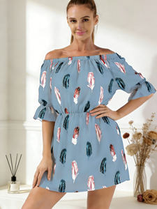 Vestido Casual de Verano SWEET BABE, con Hombros Descubiertos, Estampado de Plumas, Mini, Corte en A, Poliéster/Spandex, Manga Campana - Product Image 5