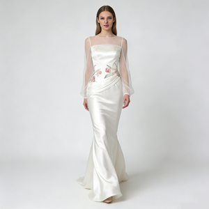 Robes pour femmes, blanches, transparentes, à manches longues, brodées <span class=keywords><strong>de</strong></span> fleurs, en satin et tulle, maxi, pour soirée, mariage - Product Image 2