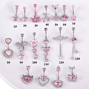 Anneau <span class=keywords><strong>de</strong></span> nombril personnalisé <span class=keywords><strong>en</strong></span> acier inoxydable 316L rose avec double zircon pendante, bijou <span class=keywords><strong>de</strong></span> piercing corporel - Product Image 2