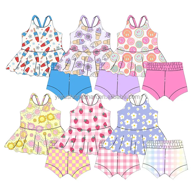 Meilleure vente Ensemble de vêtements deux pièces pour filles pour enfants Tops et shorts Peplum à bretelles croisées pour tenues de bébé fille