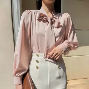 Women's Elegant Satin Tops Bow Formal Elegant Long Sleeve Blouse Custom Office Ladies Silk Satin Shirts