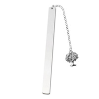 Marque-page en acier inoxydable plaqué or, forme rectangulaire fine, avec pendentif arbre gravé au laser, idéal pour les cadeaux de lecture