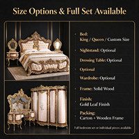 Ensembles de meubles de chambre à coucher de style baroque italien, lit king-size sculpté et doré, armoire, commode, meubles de maison