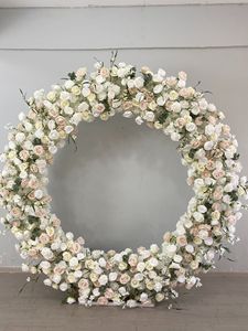 Arco de Flores Artificiales Redondo, Color Blanco Marfil y Rosa Champán, Follaje Verde, Arco Floral de Seda para Decoración de Bodas - Product Image 1