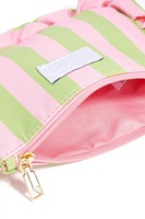 Pochette cosmétique en polyester à rayures verticales personnalisée OEM avec bord festonné, étiquette PU vierge, sac de rangement portable pour maquillage de voyage