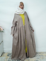 Abaya ouverte en lin naturel de qualité supérieure, ensemble 2 pièces, robe intérieure plissée jaune unie à nouer soi-même, tenue décontractée et modeste pour femme musulmane, personnalisable