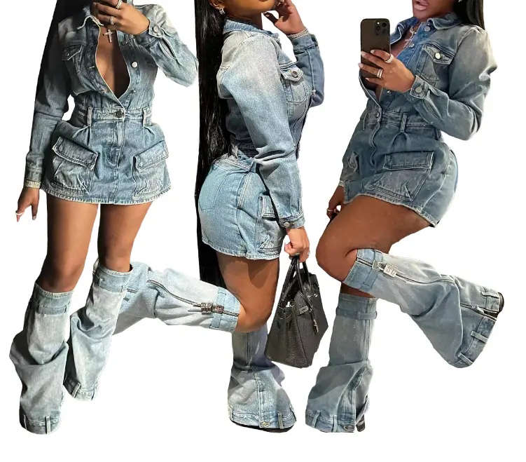 2024 Streetwear Sexy Jeans Vintage Denim Mini Dress Set Casual Long Sleeve Cargo Dress With Leg Cover