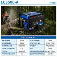 Générateur à essence LONCIN LC3500-A 3000W 4 temps à châssis ouvert 50/60Hz 212cc 18L 170F avec démarrage par lanceur et synchronisation automatique pour chantier, sortie CA