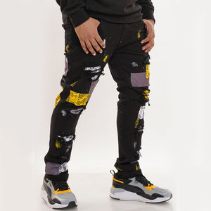 DiZNEW جينز دينم رجالي, DiZNEW جينز دينم رجالي ضيق مزين بقطع وسحّاب باللون الأسود ومطرز - Product Image 2