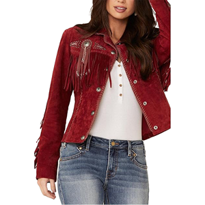 Red <b>Suede</b> Fringe <b>Leather</b> <b>Jacket</b> | Women's Western Cowboy & Boho Rodeo Studded Coat High-Volume Southwestern Apparel & Fringe Out - Product Image 1