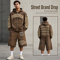 Vintage Washed Distressed Zip Hoodie Shorts Set Streetwear Grafik-Print Oversized Baggy Y2K Sommer Herren Zweiteiler Outfit