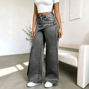 Pantalon en jean vintage délavé <span class=keywords><strong>taille</strong></span> <span class=keywords><strong>haute</strong></span> asymétrique à jambes larges et superposées pour femme, design irrégulier, coupe ample - Product Image 4