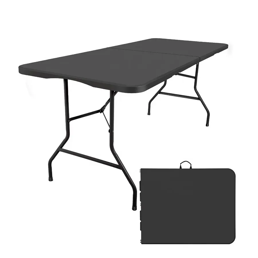 Pieghevole da esterno rettangolare da 72 pollici e 6 piedi In un tavolo pieghevole In plastica portatile mezzo nero
