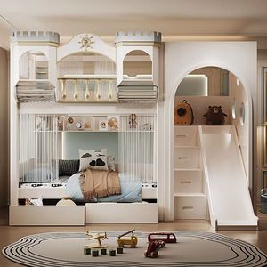 Lit superposé en bois pour enfants, design <span class=keywords><strong>château</strong></span> <span class=keywords><strong>de</strong></span> luxe européen, avec rangement, lit superposé double avec toboggan - Product Image 4