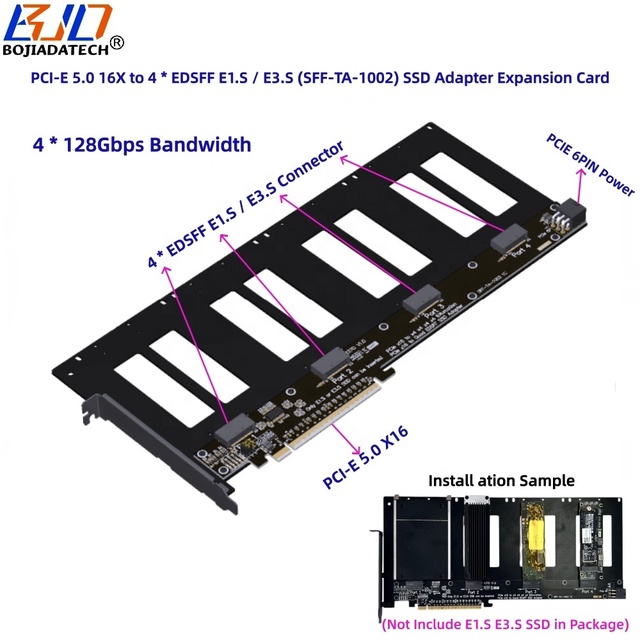 PCI-E 5.0 16X to 4 Ports EDSFF E1.S E3.S (SFF-TA-1002) Adapter Expansion Riser Card GEN5 MB Support PCIe X4x4x4x4 Bifurcation