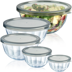 Cute Crystal Glass Mixing Bowls Set <b>Large</b> Salad Bowls Lids Dishwasher Safe Storage <b>Bins</b> for Cooking Baking Prepping - Product Image 1