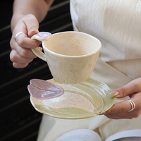 Ensemble tasse et soucoupe en céramique 3D tulipe gaufrée faite à la main, glaçure mouchetée, mug à café latte, tasse élégante pour le thé de l'après-midi