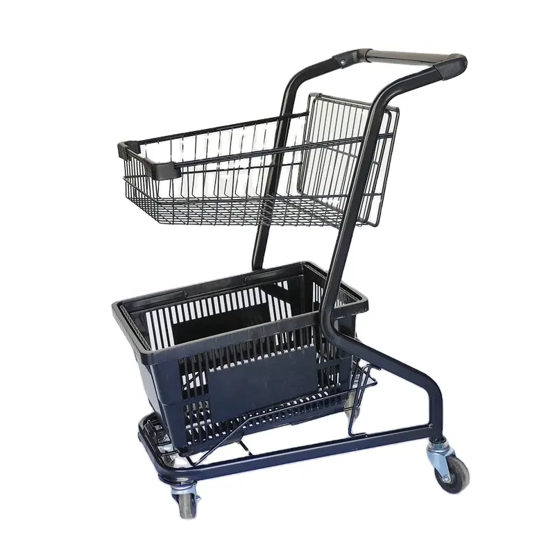 Manufacturer Metallic Shopping Trolleys Cart 2 Tiers Hand Push Cart with One Basket