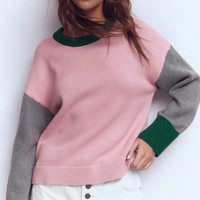 Pull en maille côtelée à col rond pour femme, style color block, patchwork, manches longues, avec poignets contrastants
