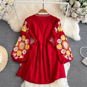 Unsize primavera/autunno lanterna a maniche lunghe abito <span class=keywords><strong>Midi</strong></span> girocollo ricamato girocollo a mezza lunghezza abito di lino di <span class=keywords><strong>cotone</strong></span> a maniche lunghe - Product Image 6