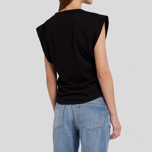 Lỏng lẻo v-cổ Vai giảm armhole TEE cong HEM bên ruching 100% cotton thoáng khí chống Đóng cọc phong cách giản dị OEM đen - Product Image 2