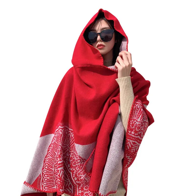 Large cashmere double side shawl geometric jacquard thermal soft knitted hooded poncho