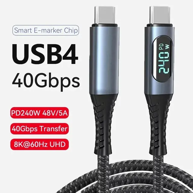 USB4.0 Dual Type-C 40Gbps PD 240W LED Display Transfer Charging Cable with PVC Jacket for Laptop Camera Power Delivery