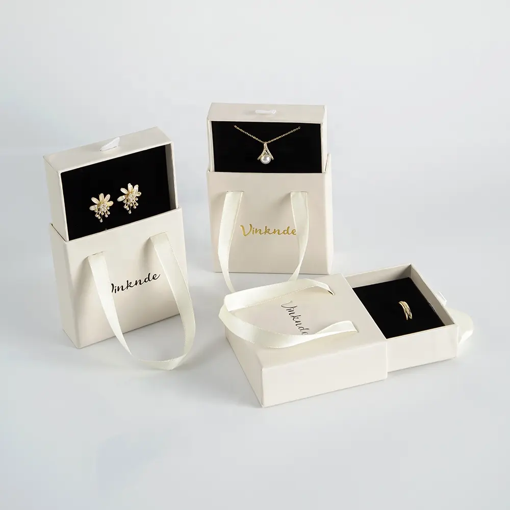 Good Quality Luxury Custom Small Beige Paper Cardboard Ring Drawer Packaging Jewelry Box With Handle