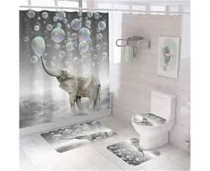 재미있는 코끼리 샤워 커튼 세트 코끼리 부는 거품 샤워 커튼 깔개 방수 장식 동물 인쇄 욕실 세트