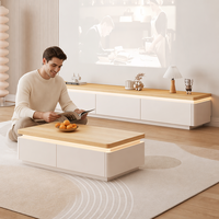 Ensemble table basse et meuble TV mobile en aluminium blanc crème aux coins arrondis, style nordique moderne, pour petit espace, salon minimaliste