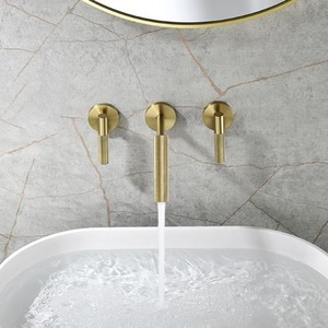 Robinet de lavabo mural dissimulé Robinet d'eau chaude et froide caché Robinet de luxe rond à trois trous avec lumière dorée - Product Image 2