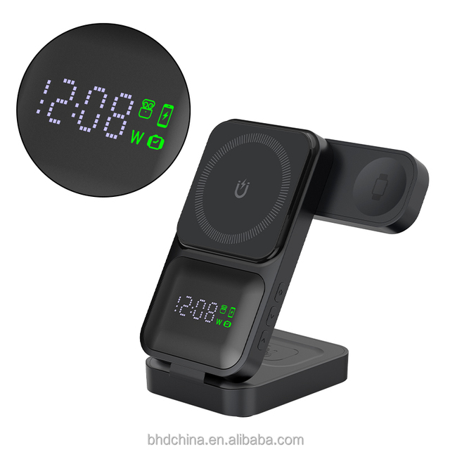 2025 Trending 4-in-1 Magnetic Wireless Charger Alarm Clock Fast Charging Station for Iwatch for iphone 12 13 14 15 for Earphones