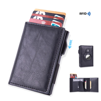 Dompet Kartu Kredit Kulit PU Hitam Vintage Anti RFID dengan Magnet Pengaman Uang, Dompet Kartu Geser Logam Popup