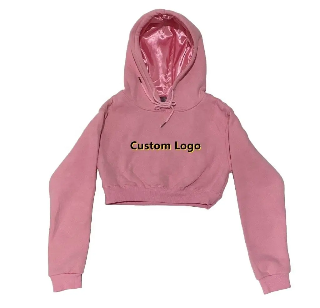 Custom logo cropped hoodie woman clothing street wear crop top hoodies for women silk satin lined hoodie