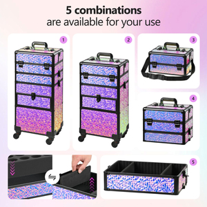 <b>Professional</b> Double Aluminum <b>Makeup</b> Train <b>Case</b> Rolling Cosmetic Trolley with Tray Black Storage Organizer for Travel Salon - Product Image 1