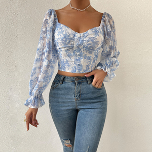 Top corto con maniche lunghe a sbuffo con stampa floreale Vintage da donna camicette eleganti in Chiffon Et Chemises Pour Femmes Top e camicette da donna - Product Image 3