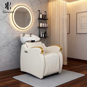 Luxury White Shampoo Bed Semi-reclining Shampoo Chair with Footrest and Electric Leg <b>Adjustment</b> for Barber Shop - Product Image 4