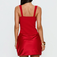 Robe Courte Moulante Rouge Bicolore à Bretelles Larges, Col Rond, Jupe en Satin Froncée, pour Femme, Tenue de Soirée et de Fête