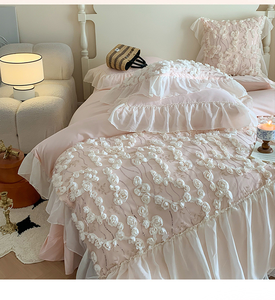Juego de cama de cuatro piezas de algodón lavado con agua de Rosa francesa con funda de edredón de encaje estilo princesa para las cuatro estaciones - Product Image 2