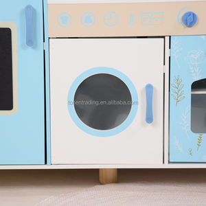 Grande cuisine de jeu en bois bleue pour enfants avec réfrigérateur vintage, micro-ondes, cuisinière et évier, ensemble de cuisine d'imitation haut de gamme - Product Image 4