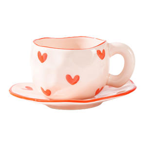 Tazza di caffè carina creativa e piattino in ceramica color crema <span class=keywords><strong>cuore</strong></span> dipinto a mano irregolare - Product Image 6