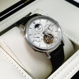 Luxury Men's Stainless Steel <b>Automatic</b> Mechanical Watch With Tourbillon Moon Phase Week Calendar Leather Strap 42mm Round Dial - Product Image 6