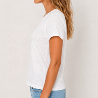 T-shirt blanc personnalisé pour femme, col rond léger en coton slub, OEM ODM