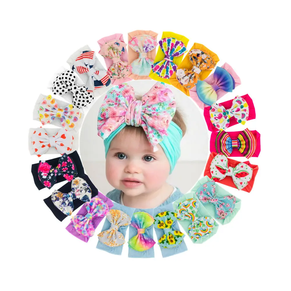 European and American children's Cute nylon elastic fabric headband baby print bubble cloth hair bow head wrap wholesale