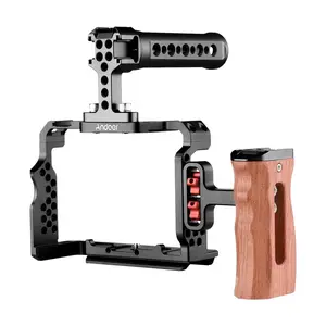 Andoer Aluminum Alloy Camera Cage Kit with Video Rig Top Handle Wooden Grip Replacement for Sony A7R III/ A7 II/ A7III