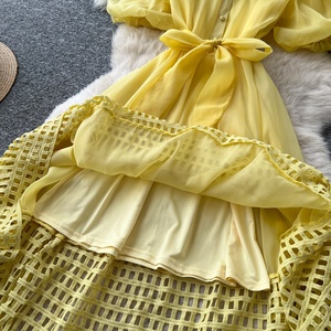 Vestido de Verano y Primavera, Nuevo Diseño de Moda, Manga Abullonada, Diamantes, Escote Redondo, Vestido Midi Informal - Product Image 6